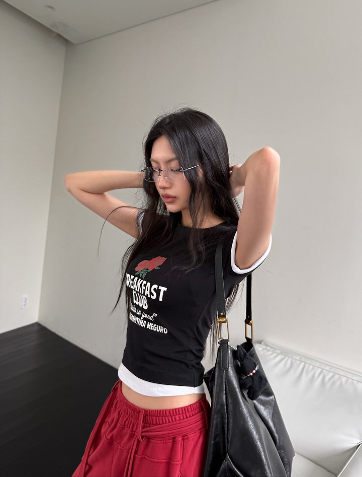 Rare Closet - Korean Women Fashion - #momslook - Rose Double Contrast Tee - 4