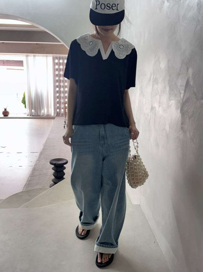Theres - Korean Women Fashion - #momslook - Lace Collar Tee