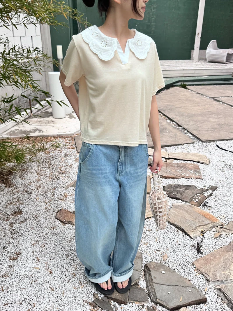 Theres - Korean Women Fashion - #romanticstyle - Lace Collar Tee - 7