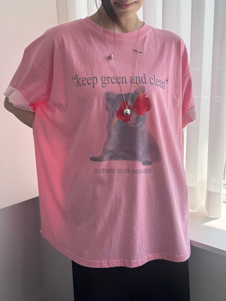 Theres - Korean Women Fashion - #womensfashion - Cat Flower Tee - 10