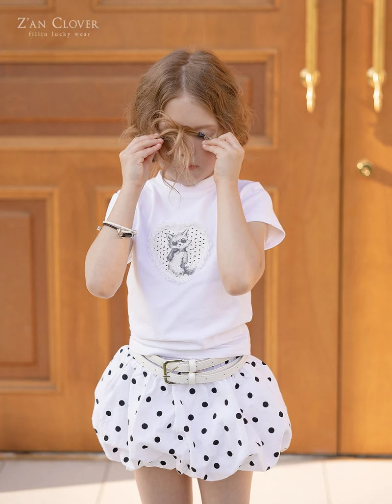 Zan Clover - Korean Children Fashion - #kidsshorts - Lace Heart Cat Tee - 8
