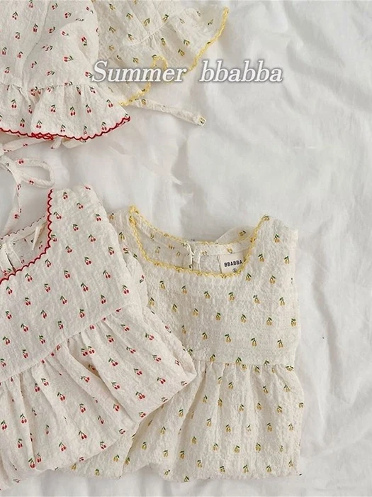 Cherry Pin-Cot Frill Bonnet Set