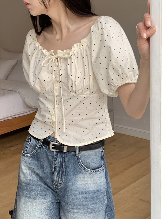 Dot Shirring Off-Shoulder Blouse Dot Shirring Off-Shoulder Blouse