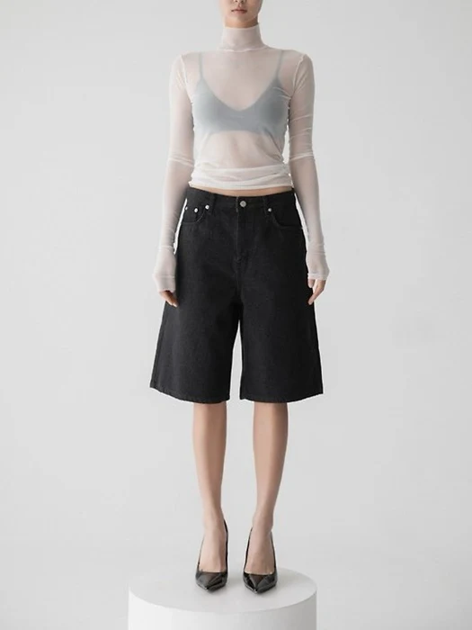 Classic Wide Bermuda Washed Black Denim Trousers Classic Wide Bermuda Washed Black Denim Trousers
