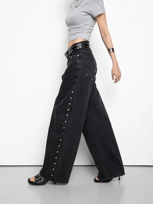 Stud Detail Washed Black Wide Denim Pants Stud Detail Washed Black Wide Denim Pants