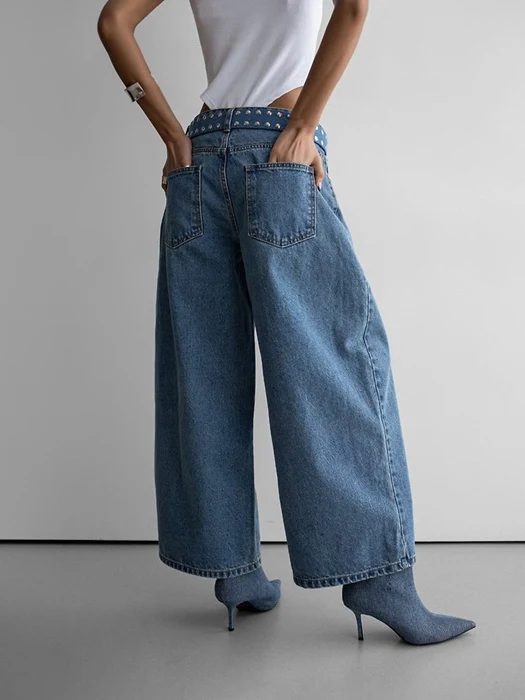 Wide-Leg Blue Ankle Denim Jeans
