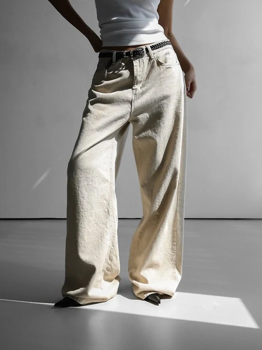 Natural Linen Denim Wide-Leg Pants