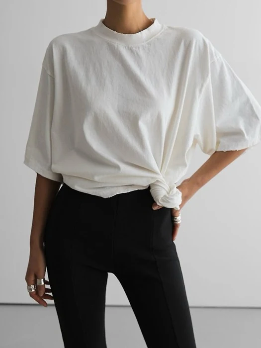 Mock Neck Ribbed Oversized Pigment Tee with Distressed Detail