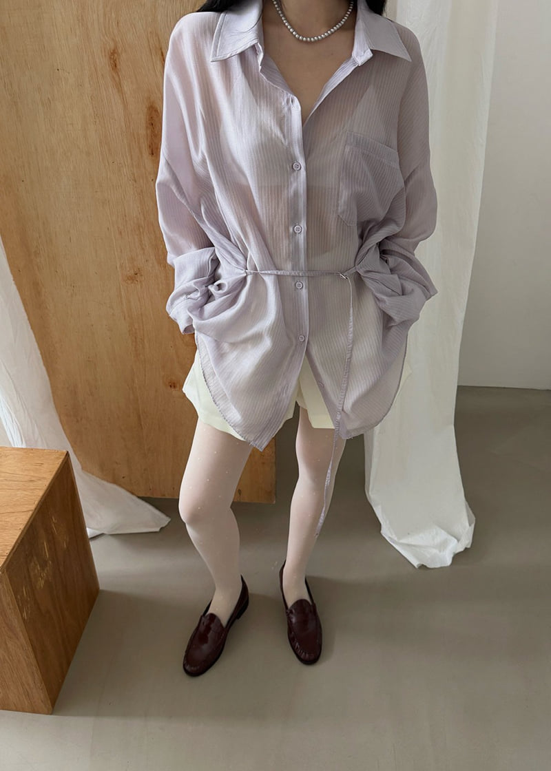 Amood - Korean Women Fashion - #momslook - Striped Belted Shirt - 12