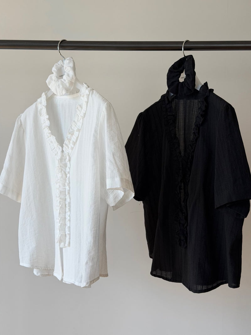 Amygrace - Korean Women Fashion - #momslook - Frill Blouse Scrunchie Set - 9