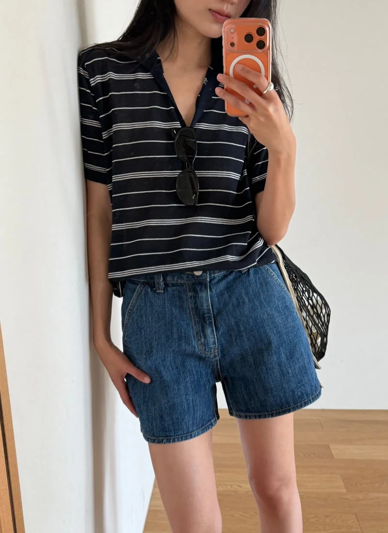 Amygrace - Korean Women Fashion - #momslook - Romance Striped Collar Knit Top