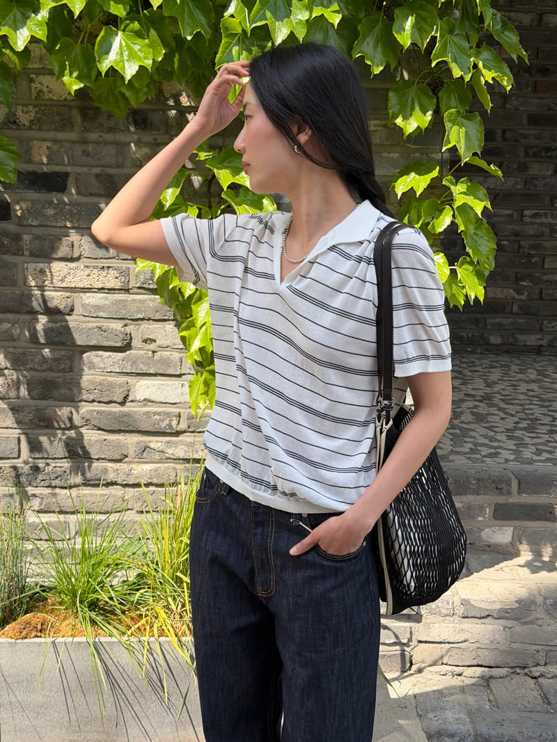 Amygrace - Korean Women Fashion - #momslook - Romance Striped Collar Knit Top - 3