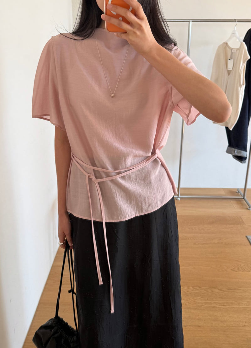 Amygrace - Korean Women Fashion - #womensfashion - Mock-Neck Short-Sleeve Blouse - 10