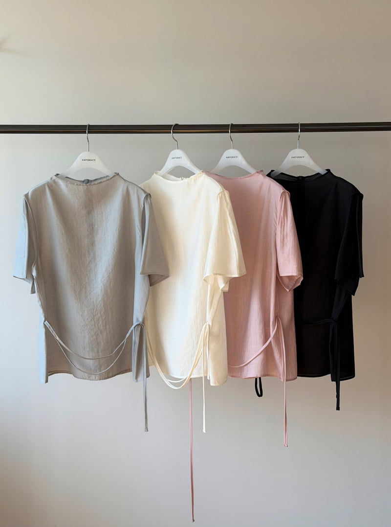 Amygrace - Korean Women Fashion - #womensfashion - Mock-Neck Short-Sleeve Blouse - 12