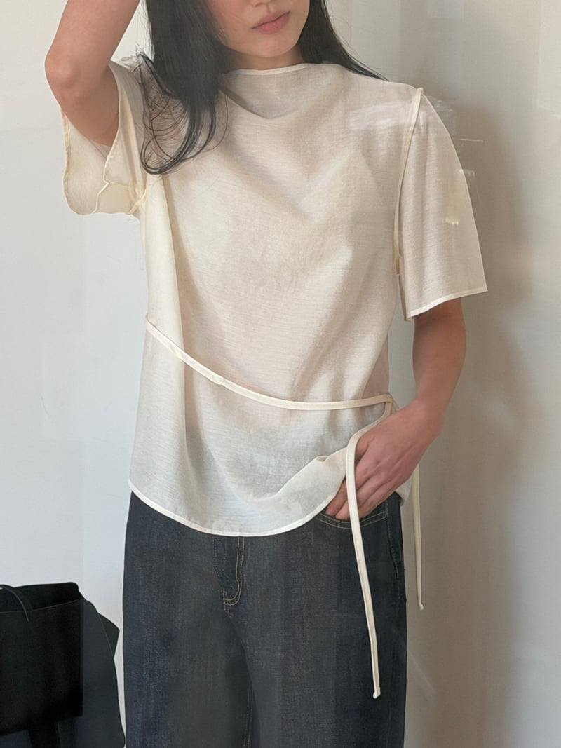 Amygrace - Korean Women Fashion - #womensfashion - Mock-Neck Short-Sleeve Blouse - 6