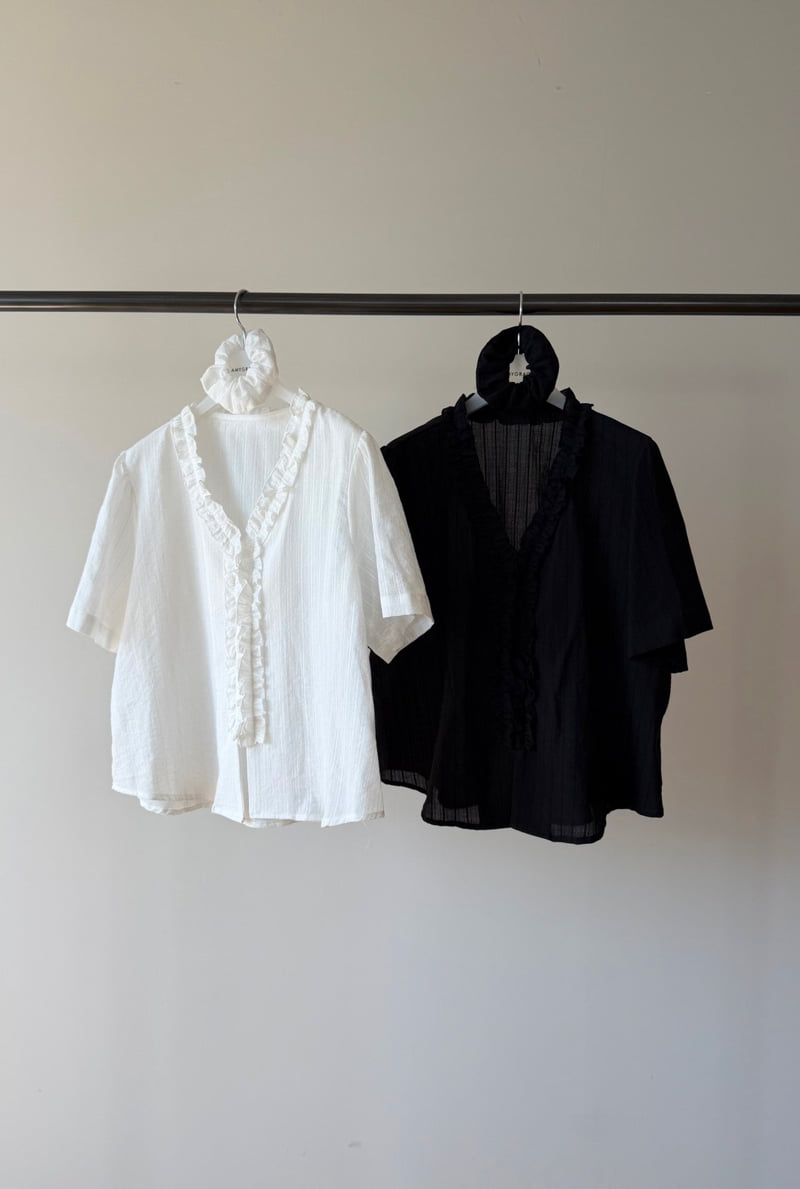 Amygrace - Korean Women Fashion - #womensfashion - Frill Blouse Scrunchie Set - 10
