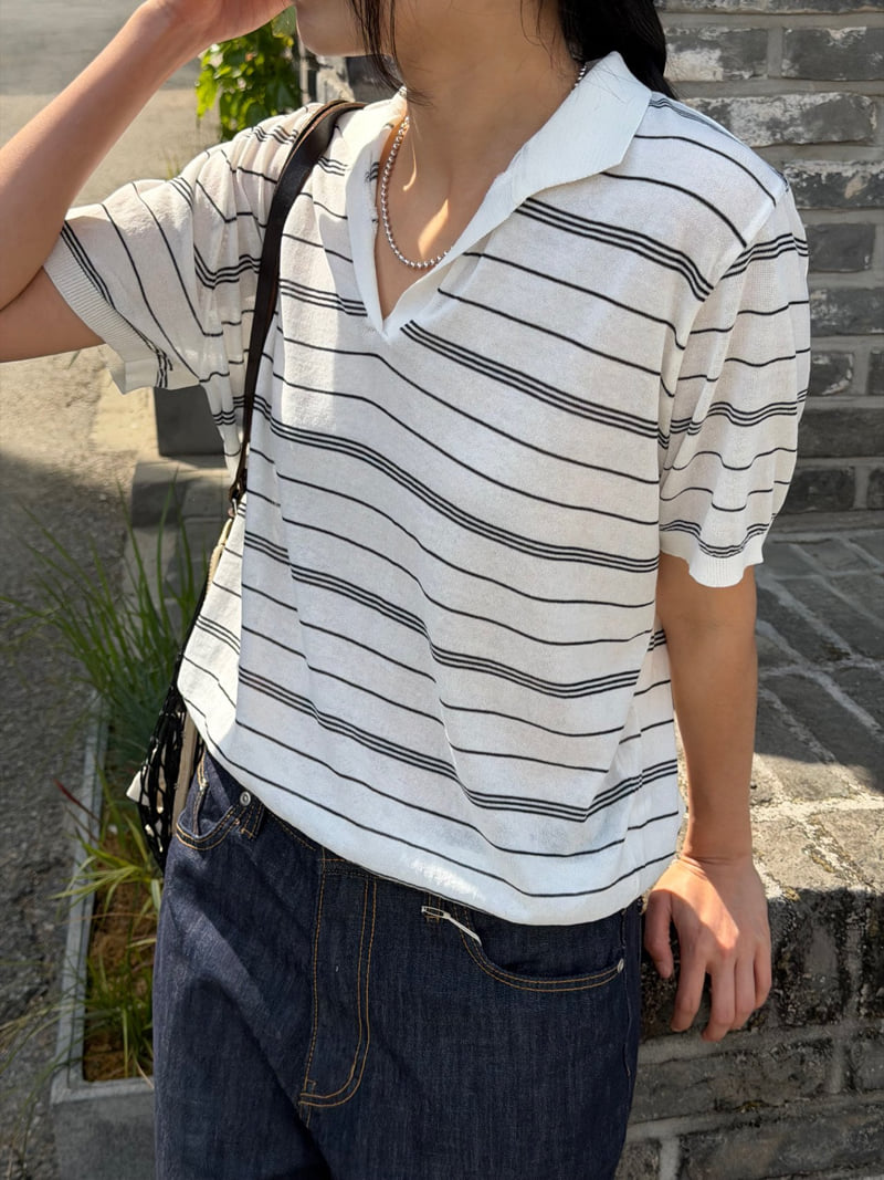 Amygrace - Korean Women Fashion - #womensfashion - Romance Striped Collar Knit Top - 6