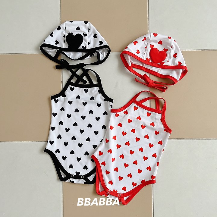 Bbabba - Korean Baby Fashion - #babyboutiqueclothing - Heart Strap Swimsuit (Bonnet Set) - 2