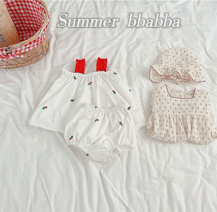 Bbabba - Korean Baby Fashion - #onlinebabyshop - Cherry Pin-Cot Frill Bonnet Set - 2