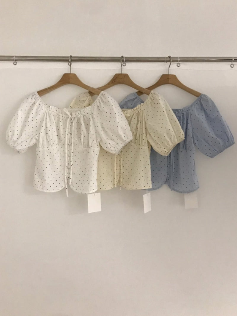 Cranae - Korean Women Fashion - #momslook - Dot Shirring Off-Shoulder Blouse