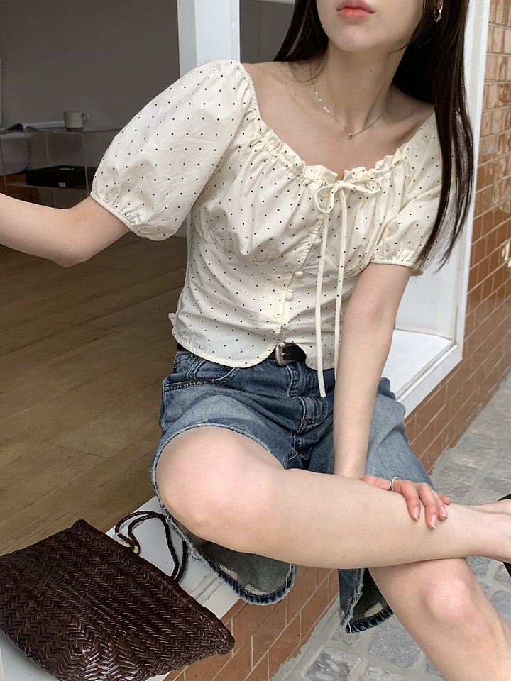 Cranae - Korean Women Fashion - #momslook - Dot Shirring Off-Shoulder Blouse - 3