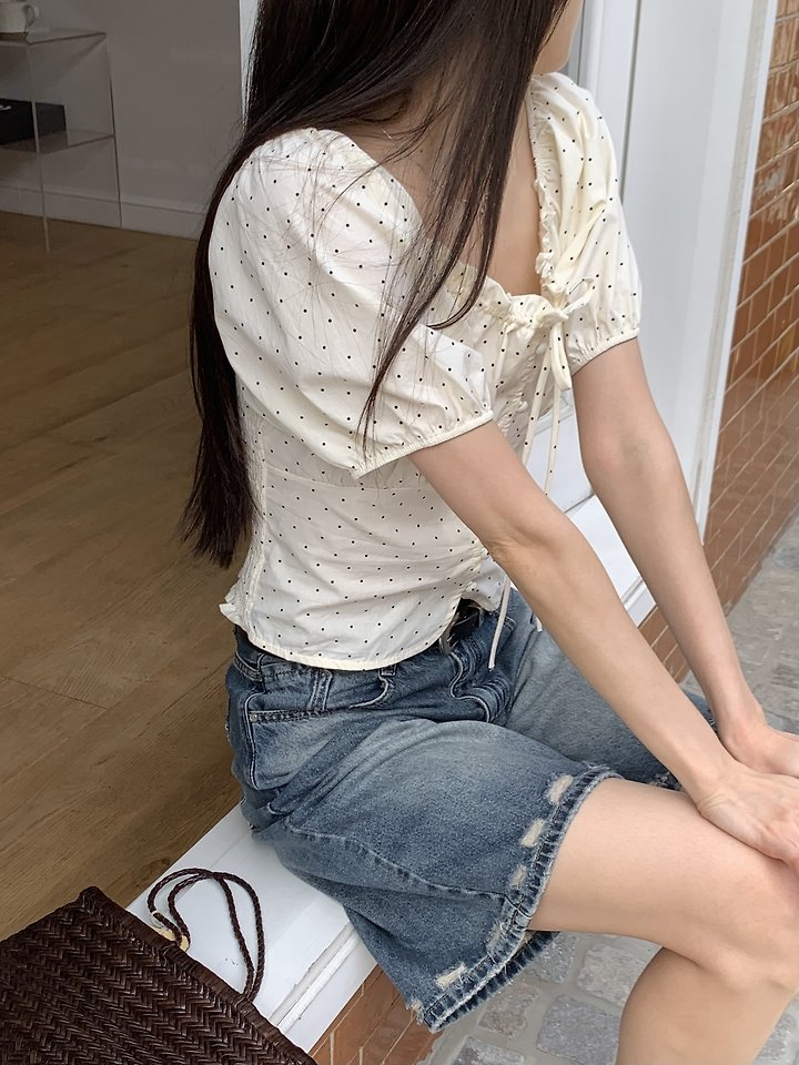 Cranae - Korean Women Fashion - #momslook - Dot Shirring Off-Shoulder Blouse - 4
