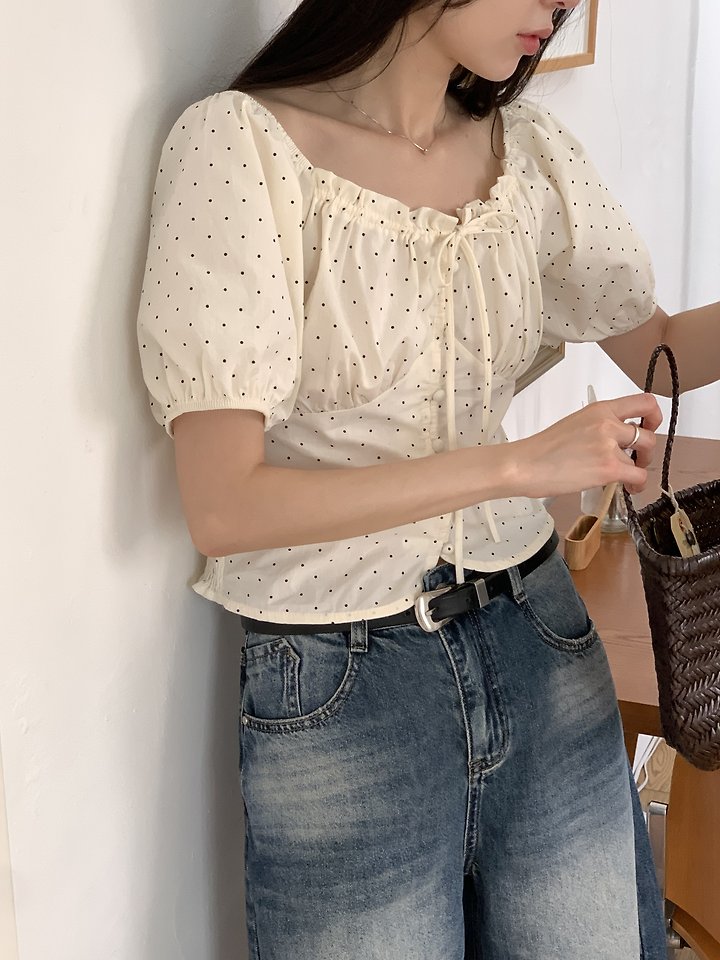 Cranae - Korean Women Fashion - #momslook - Dot Shirring Off-Shoulder Blouse - 5