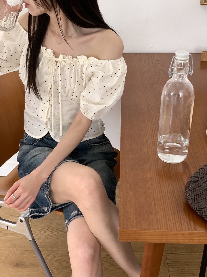 Cranae - Korean Women Fashion - #pursuepretty - Dot Shirring Off-Shoulder Blouse - 9