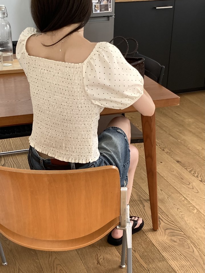 Cranae - Korean Women Fashion - #restrostyle - Dot Shirring Off-Shoulder Blouse - 10