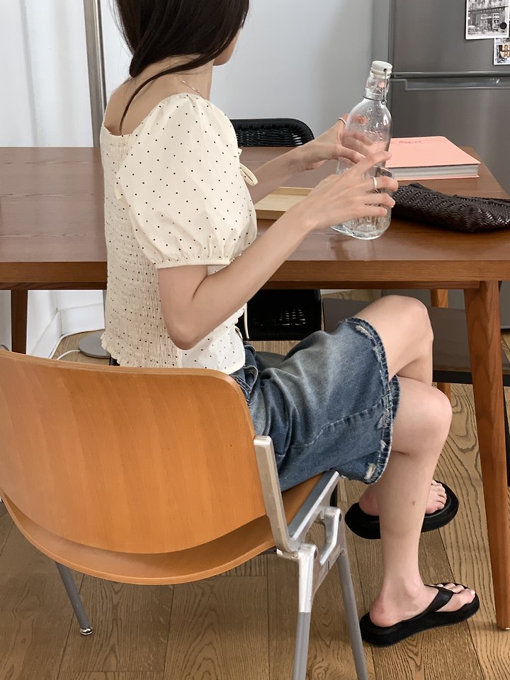 Cranae - Korean Women Fashion - #romanticstyle - Dot Shirring Off-Shoulder Blouse - 11