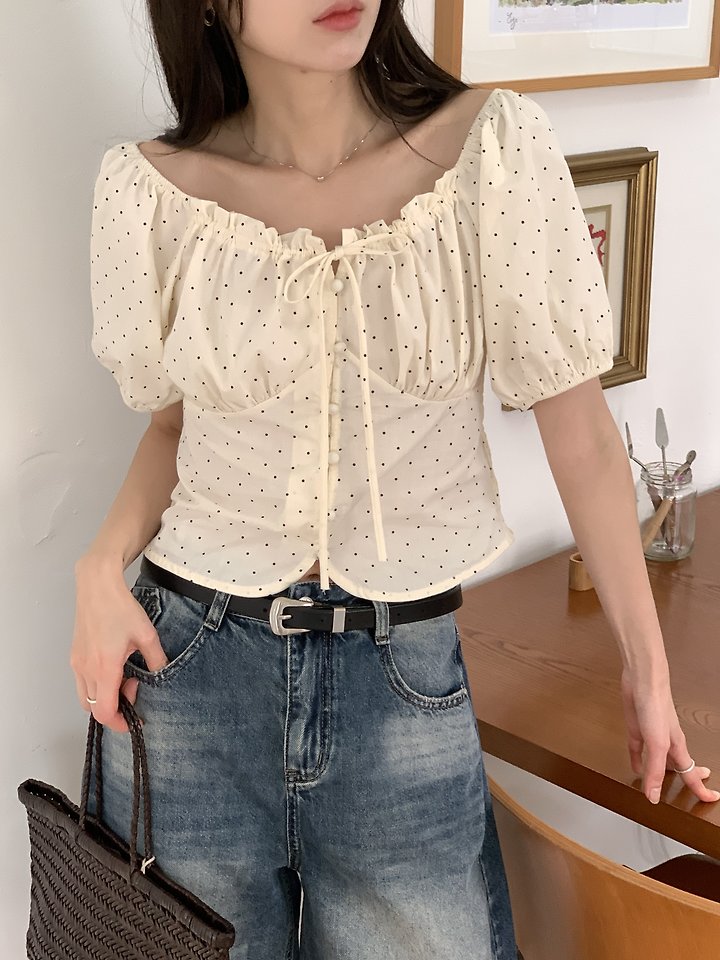 Cranae - Korean Women Fashion - #vintageinspired - Dot Shirring Off-Shoulder Blouse - 7