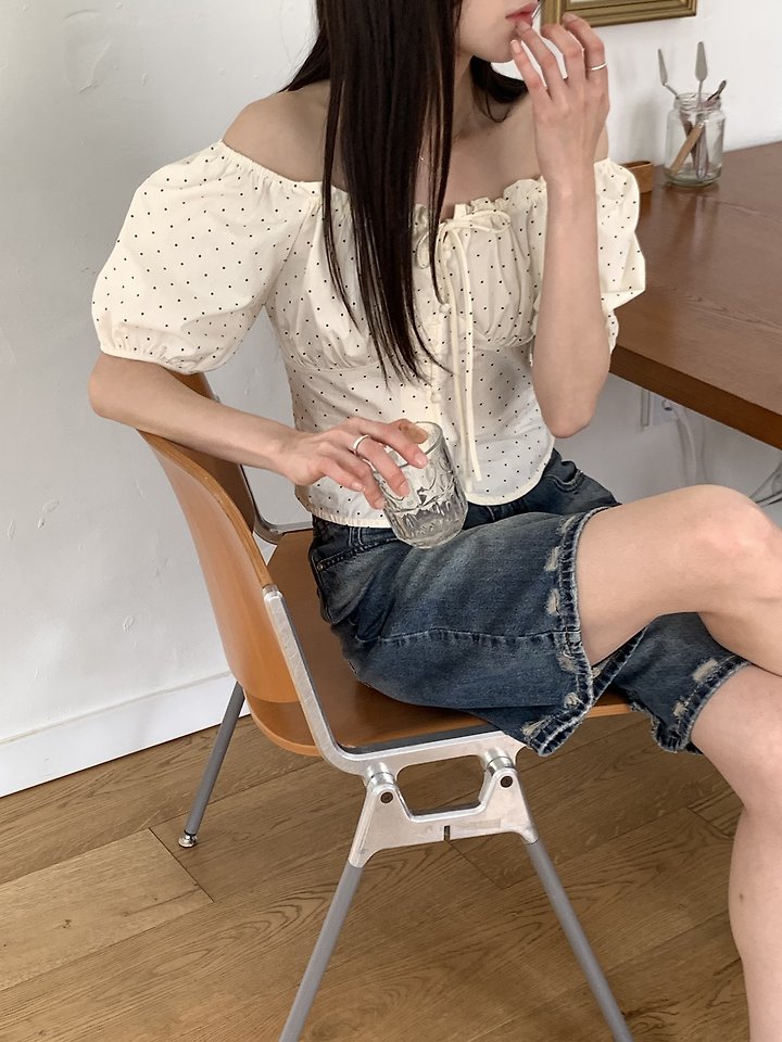 Cranae - Korean Women Fashion - #vintagekidsstyle - Dot Shirring Off-Shoulder Blouse - 8