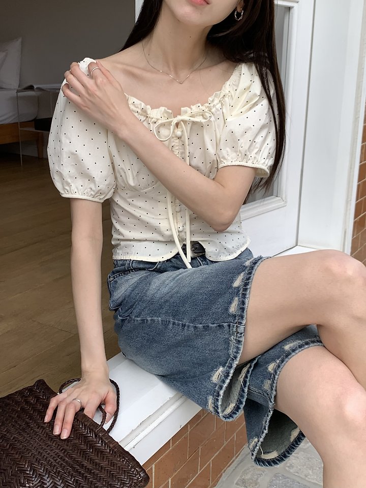 Cranae - Korean Women Fashion - #womensfashion - Dot Shirring Off-Shoulder Blouse - 2