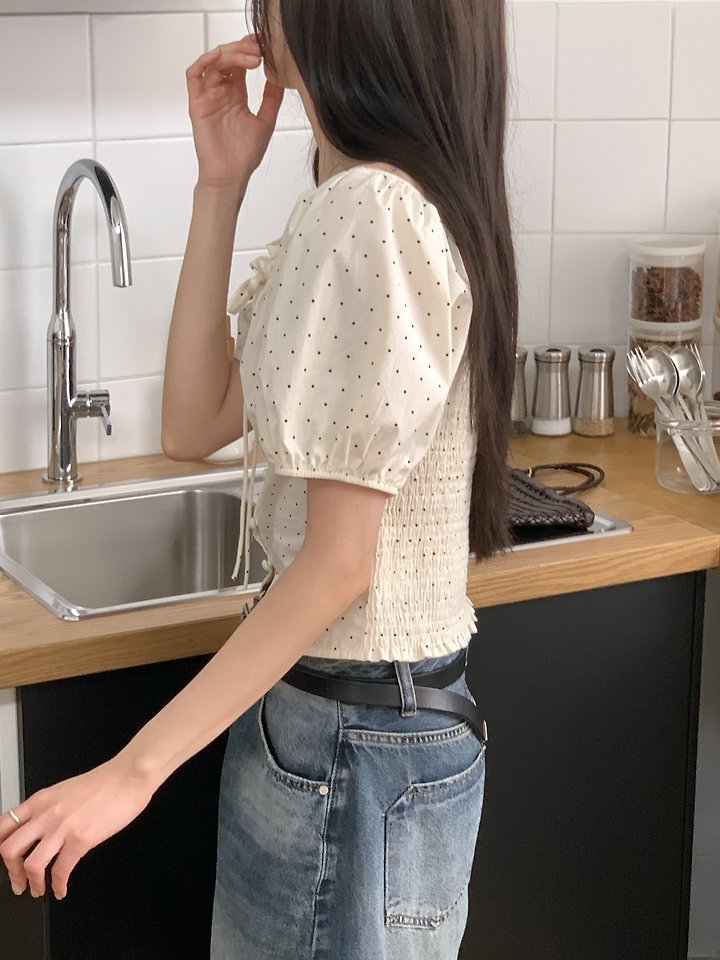 Cranae - Korean Women Fashion - #womensfashion - Dot Shirring Off-Shoulder Blouse - 6