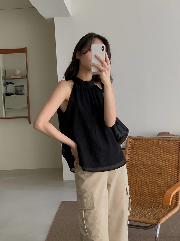 Dress Room - Korean Women Fashion - #womensfashion - Halter-Neck Linen Blouse - 4