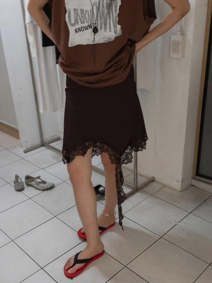 Inssense - Korean Women Fashion - #momslook - Asymmetric Drop Lace Silky Mini Skirt - 3