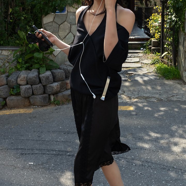 Inssense - Korean Women Fashion - #momslook - Draped Halter Off-Shoulder Short-Sleeve Top