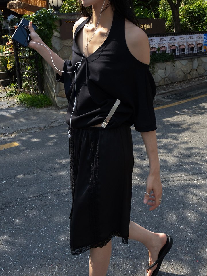 Inssense - Korean Women Fashion - #momslook - Draped Halter Off-Shoulder Short-Sleeve Top - 3