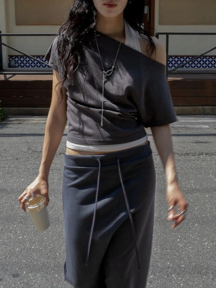 Inssense - Korean Women Fashion - #momslook - Two-Way Halter Layered Asymmetric Short-Sleeve Top - 3