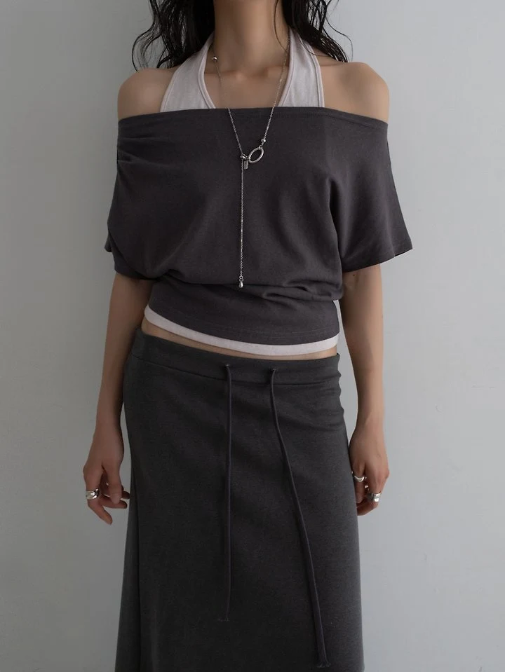 Inssense - Korean Women Fashion - #momslook - Two-Way Halter Layered Asymmetric Short-Sleeve Top - 7