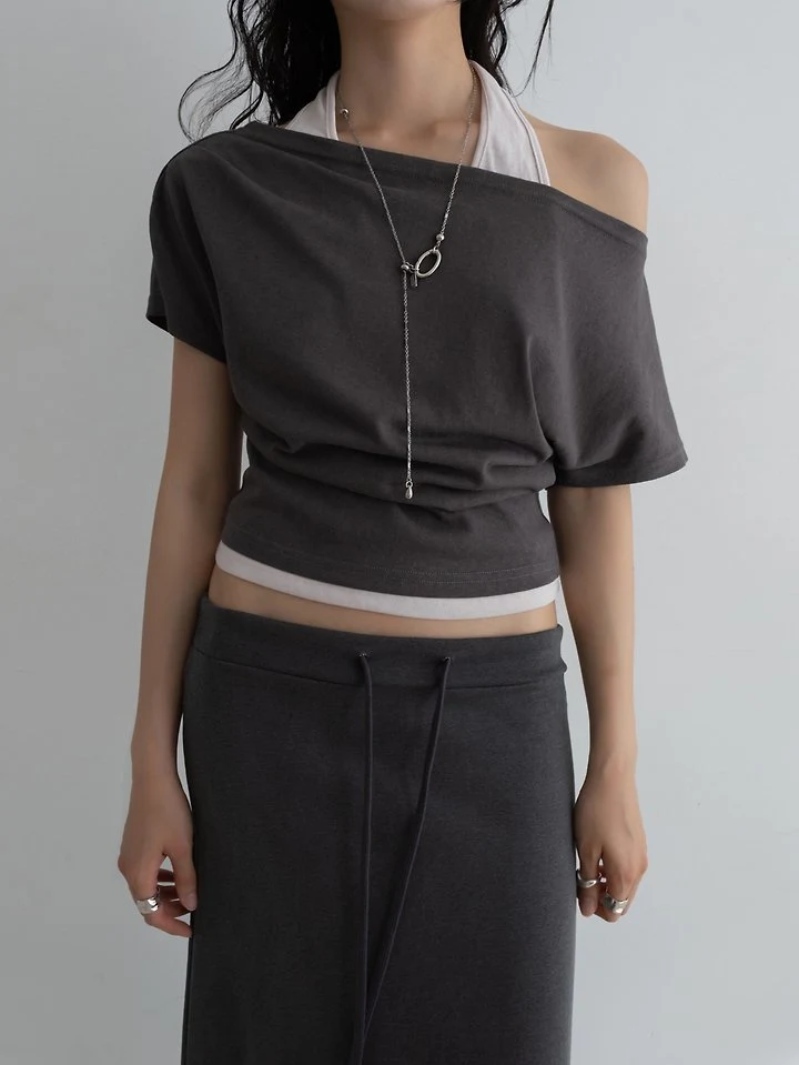 Inssense - Korean Women Fashion - #momslook - Two-Way Halter Layered Asymmetric Short-Sleeve Top - 9