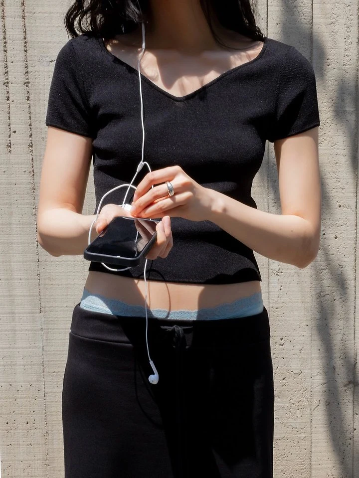 Inssense - Korean Women Fashion - #momslook - Heart-Neck Slim Knit Short-Sleeve Top - 2