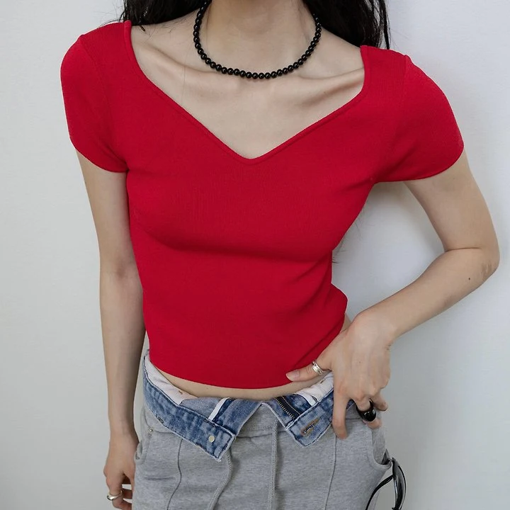 Inssense - Korean Women Fashion - #womensfashion - Heart-Neck Slim Knit Short-Sleeve Top - 4