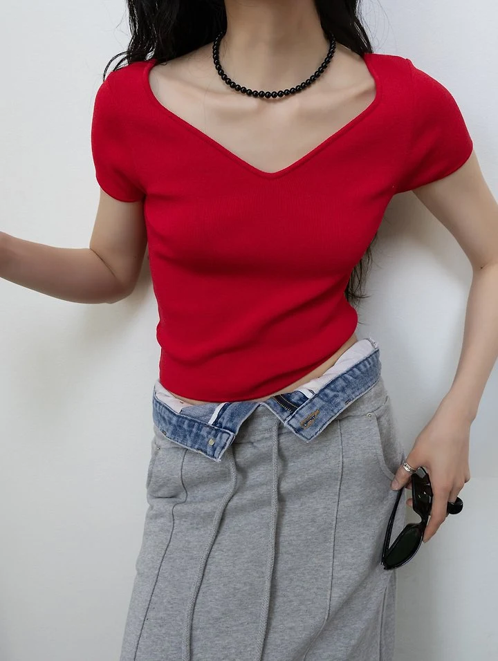 Inssense - Korean Women Fashion - #momslook - Heart-Neck Slim Knit Short-Sleeve Top - 6