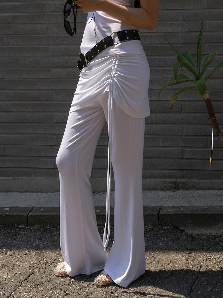 Inssense - Korean Women Fashion - #momslook - Drawstring Skirt-Layered Slim Pants - 2