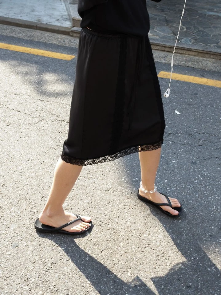 Inssense - Korean Women Fashion - #momslook - Lace Trim Silky Midi Skirt - 11