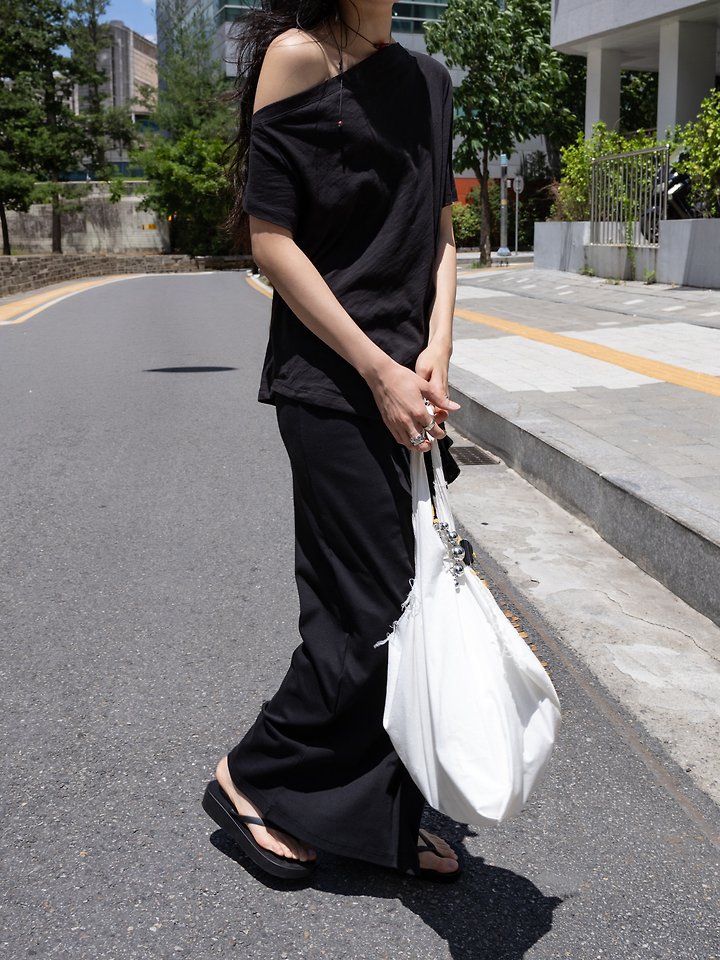 Inssense - Korean Women Fashion - #momslook - Slub Asymmetric Slit Off-Shoulder Top - 10