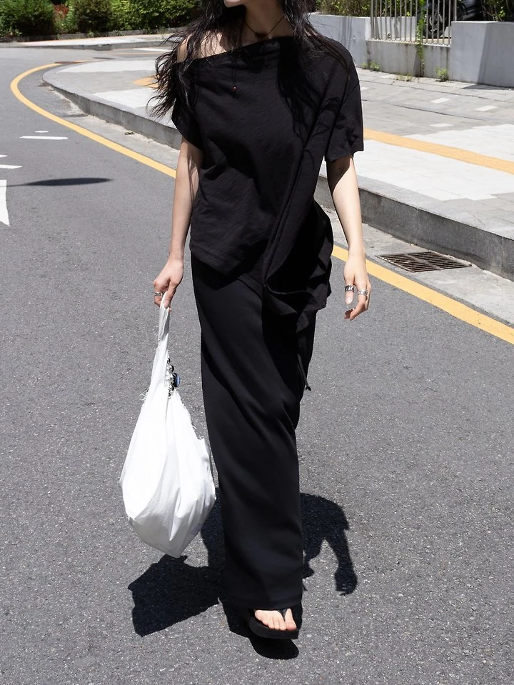 Inssense - Korean Women Fashion - #momslook - Slub Asymmetric Slit Off-Shoulder Top - 8