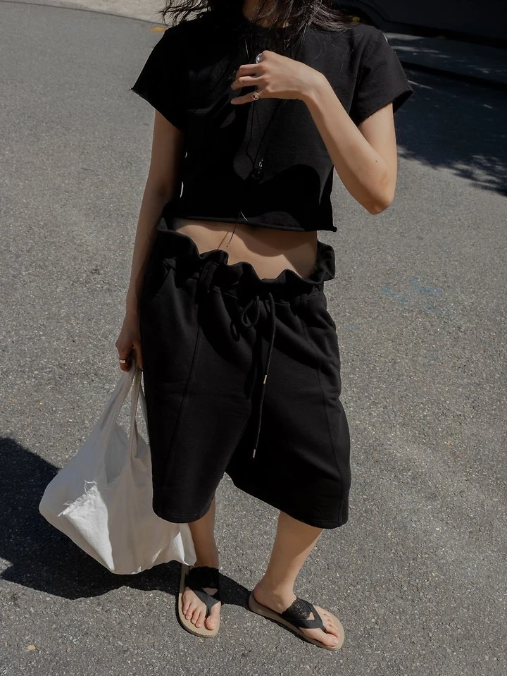 Inssense - Korean Women Fashion - #momslook - Summer Ruffle Waist Sweat Bermuda Shorts - 6