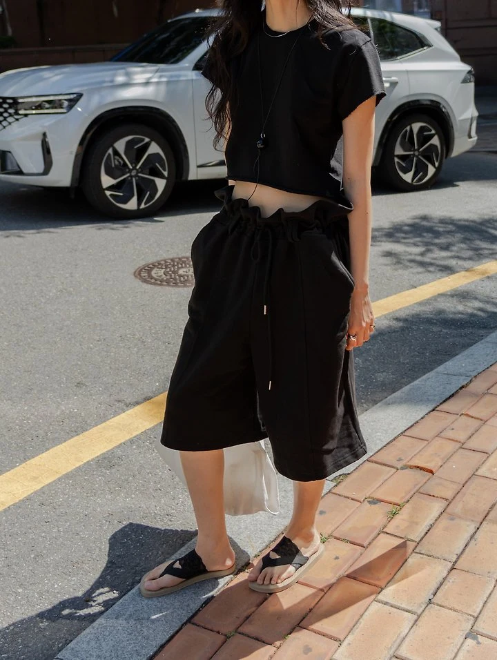 Inssense - Korean Women Fashion - #momslook - Summer Ruffle Waist Sweat Bermuda Shorts - 8